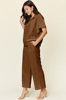 
              Double Take Full Size Texture Half Zip Short Sleeve Top and Pants Set-Dropship
            