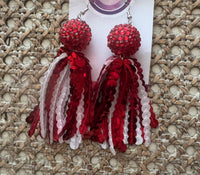 
              Sequin Tassel Earrings-Red & White Mix w/Pave Bead
            