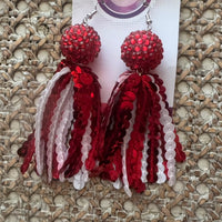 Sequin Tassel Earrings-Red & White Mix w/Pave Bead