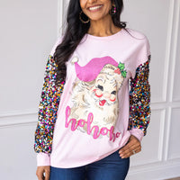 Santa on Pink Long Sleeve Tee with Sequin Sleeves