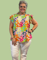 
              Multicolour Abstract Print Flutter Sleeve Blouse
            