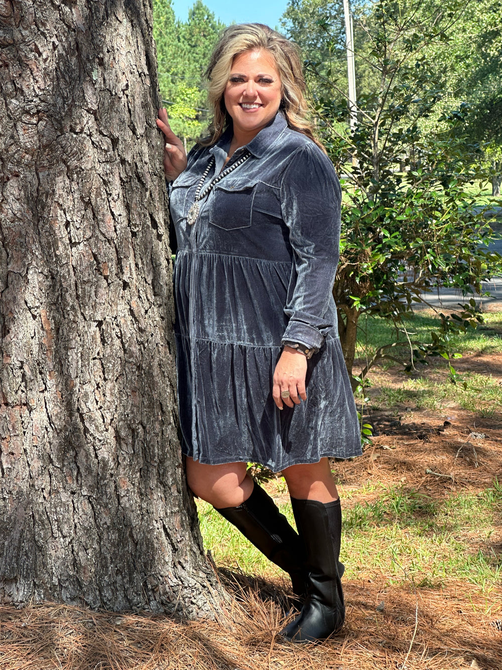 Steel Blue Velvet Dress