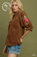 
              Camel Embroidered Sleeve Corduroy Top
            