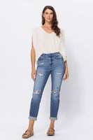 
              JUDY BLUE HIGH WAIST CUFFED DISTRESSED BOYFRIEND
            