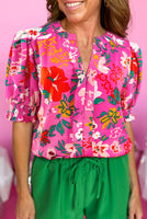 
              Rose Floral Print Puff Sleeve Blouse
            