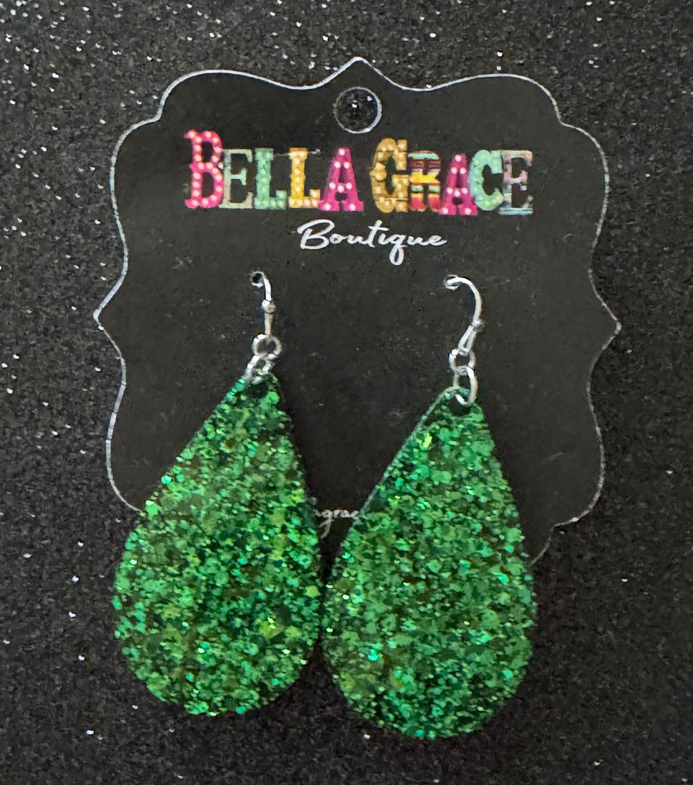 Glitter Acrylic Teardrop Earrings-Emerald Green