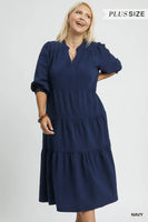 
              Navy Textured Tiered Midi Dress
            