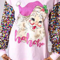 Santa on Pink Long Sleeve Tee with Sequin Sleeves