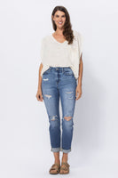 
              JUDY BLUE HIGH WAIST CUFFED DISTRESSED BOYFRIEND
            