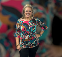 
              Ruffle Sleeves Black & Turquoise Tunic Top
            