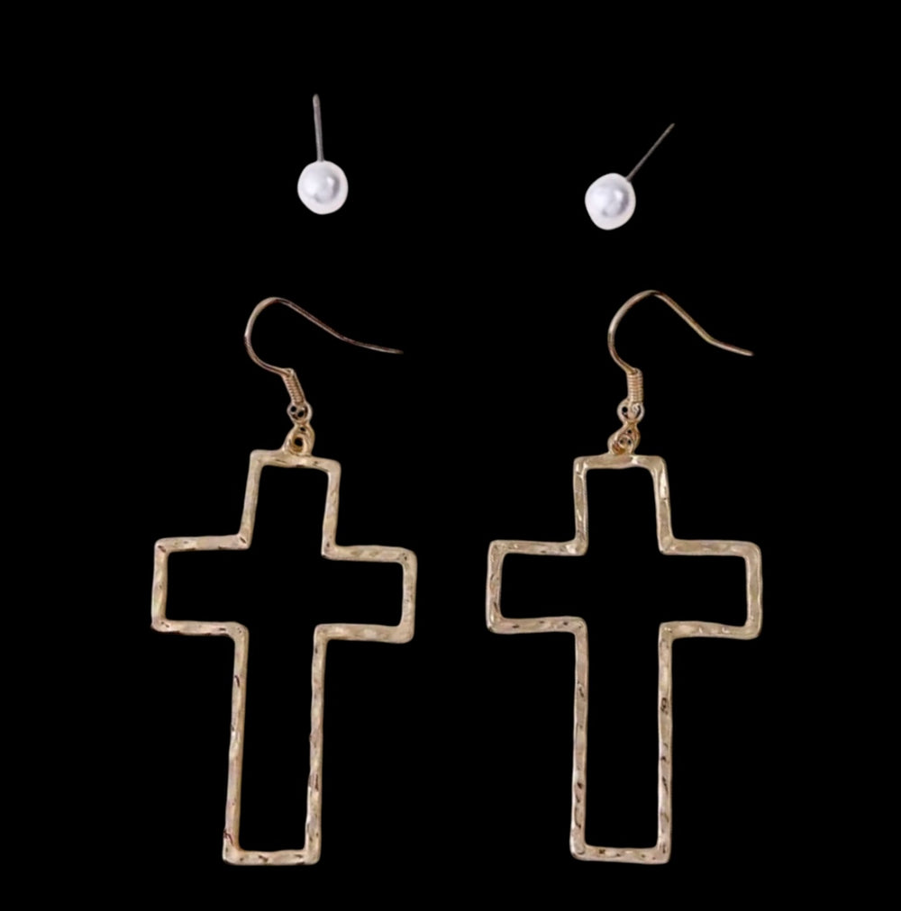 Gold Cross and Pearl Earring Set