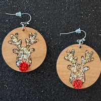 Glitter Acrylic & Wood Earrings-Reindeer