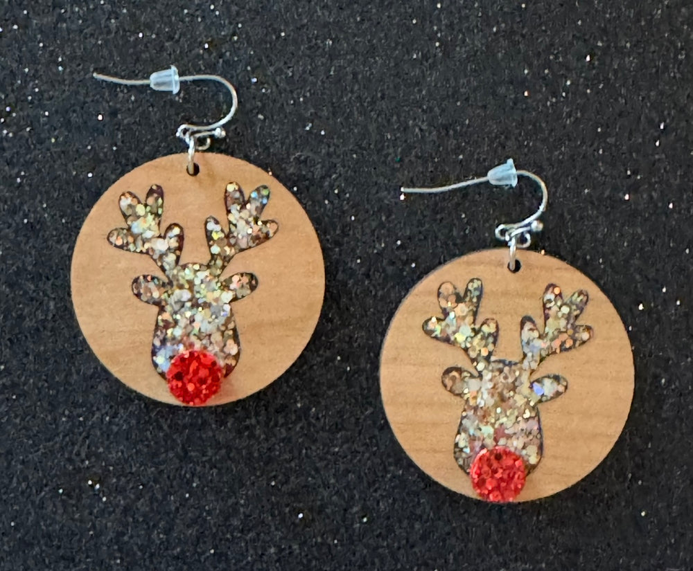 Glitter Acrylic & Wood Earrings-Reindeer