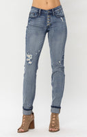 
              Judy Blue Button Fly Cuffed Boyfriend Jeans
            