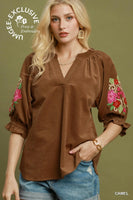 
              Camel Embroidered Sleeve Corduroy Top
            