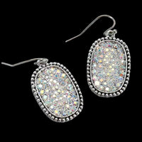 AB Oval Rhinestone Earrings-Antique Silver