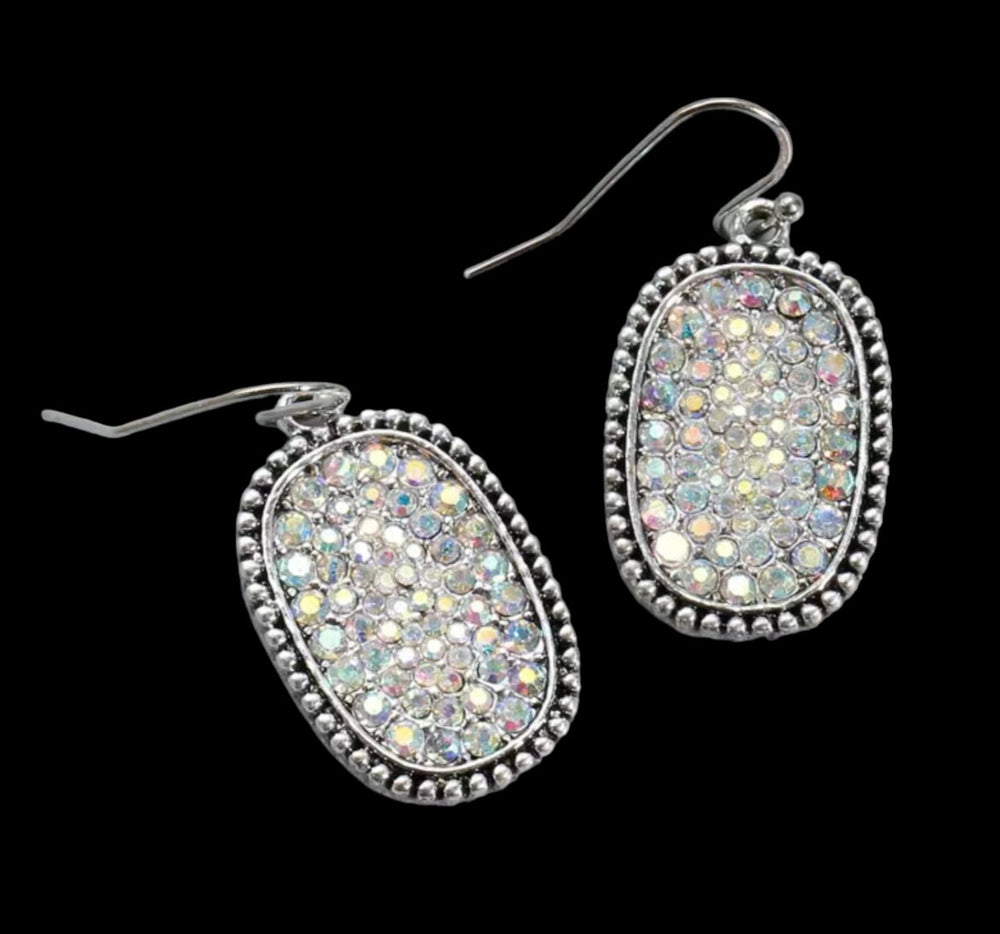 AB Oval Rhinestone Earrings-Antique Silver