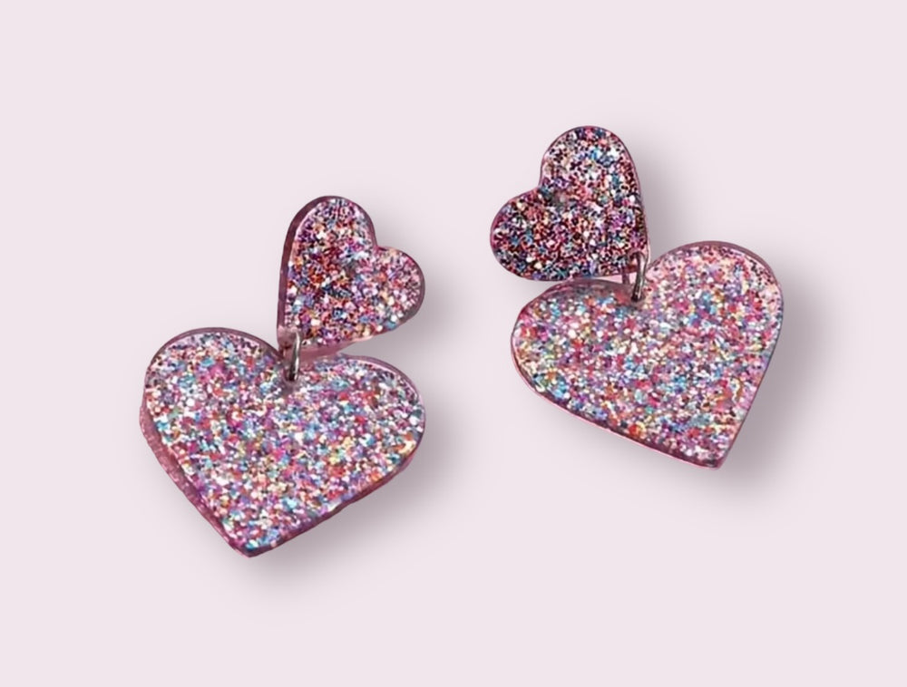 Glittery Double Heart Earrings-Multi