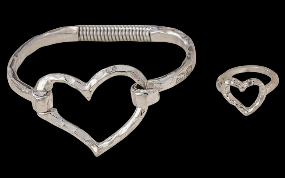 Hammered Silver Heart Bracelet and Ring Set