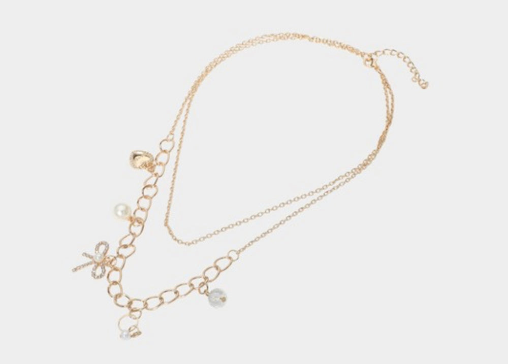 Bow Pearl Charm Double Layered Necklaces