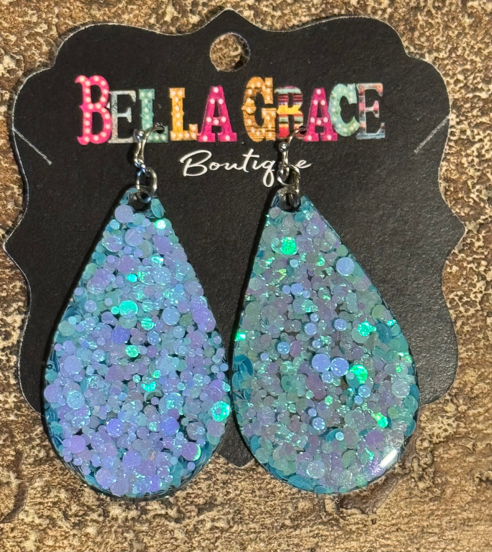 Glitter Acrylic Teardrop Earrings-Aqua Blue