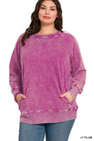 
              Plus Acid Washed French Terry Pullover Top-Light Plum
            