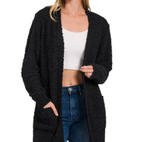 Popcorn Cardigan With Pockets-Black