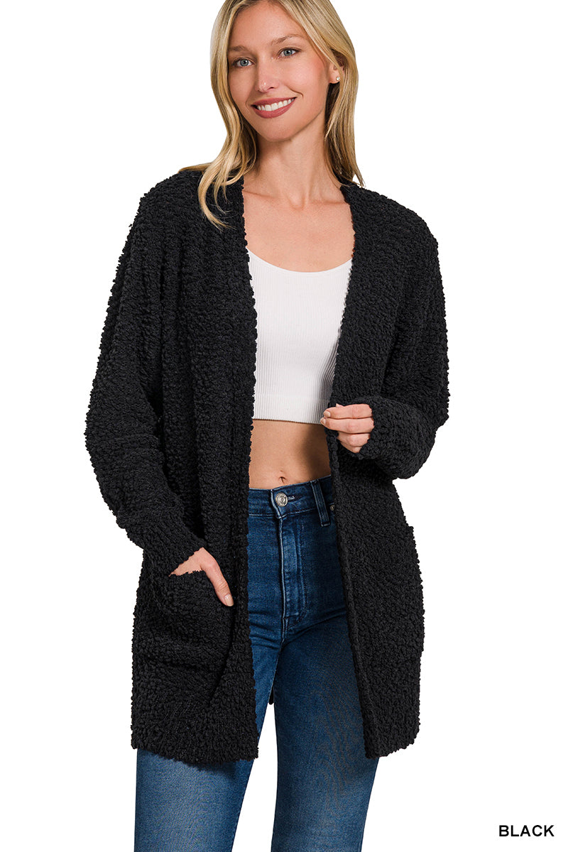 Popcorn Cardigan With Pockets-Black