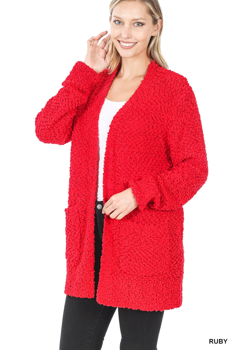 Popcorn Cardigan With Pockets-Ruby