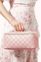 
              Vegan Leather Checkered Makeup Bag-Pink
            