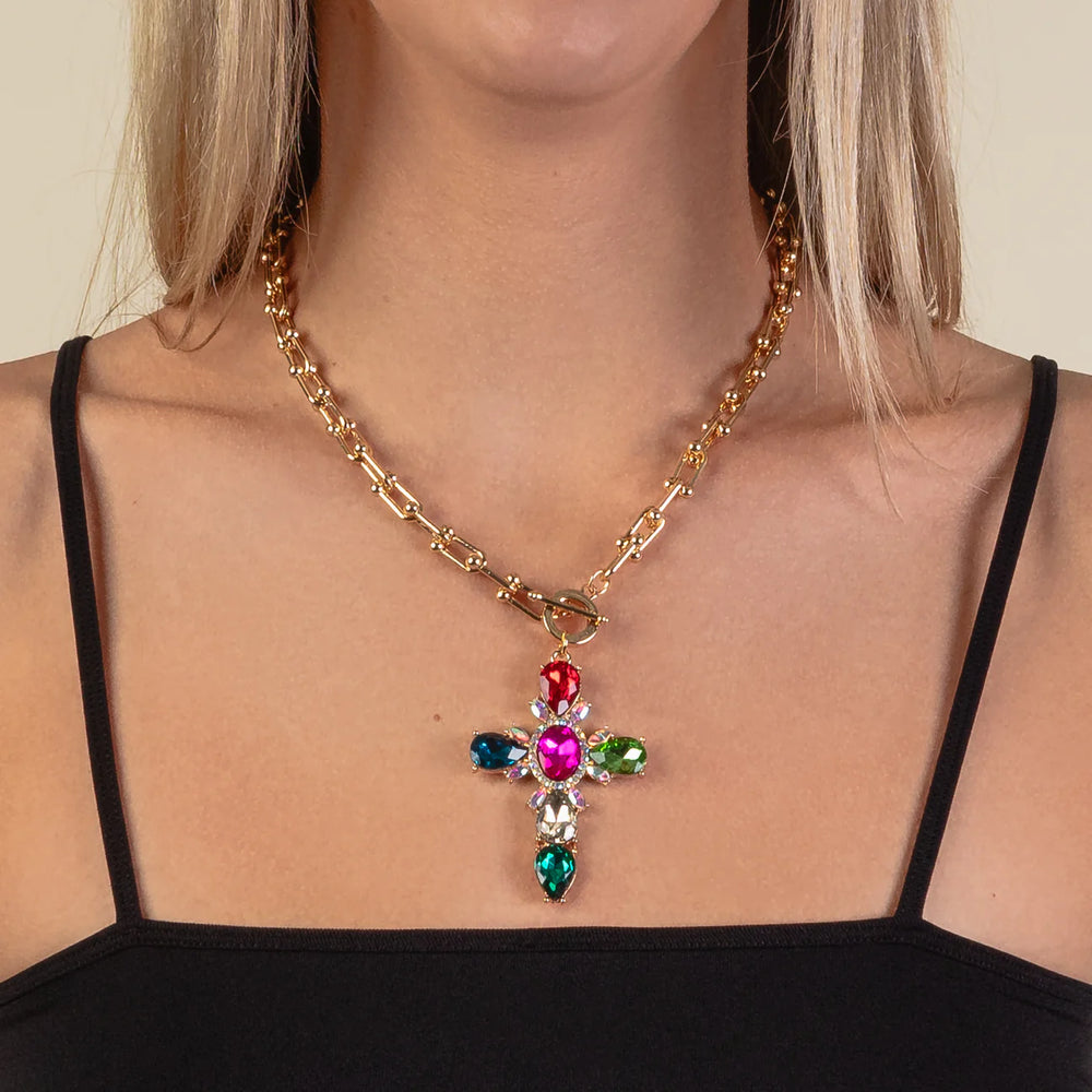 Crystal Cross Necklace-Multi