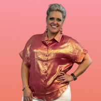 
              $10! Rose Red Metallic Button Up Shirt
            