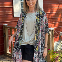 Floral Animal Metallic Kimono with Ruffle Hem