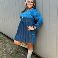 Teal Animal Print Long Sleeve Dress