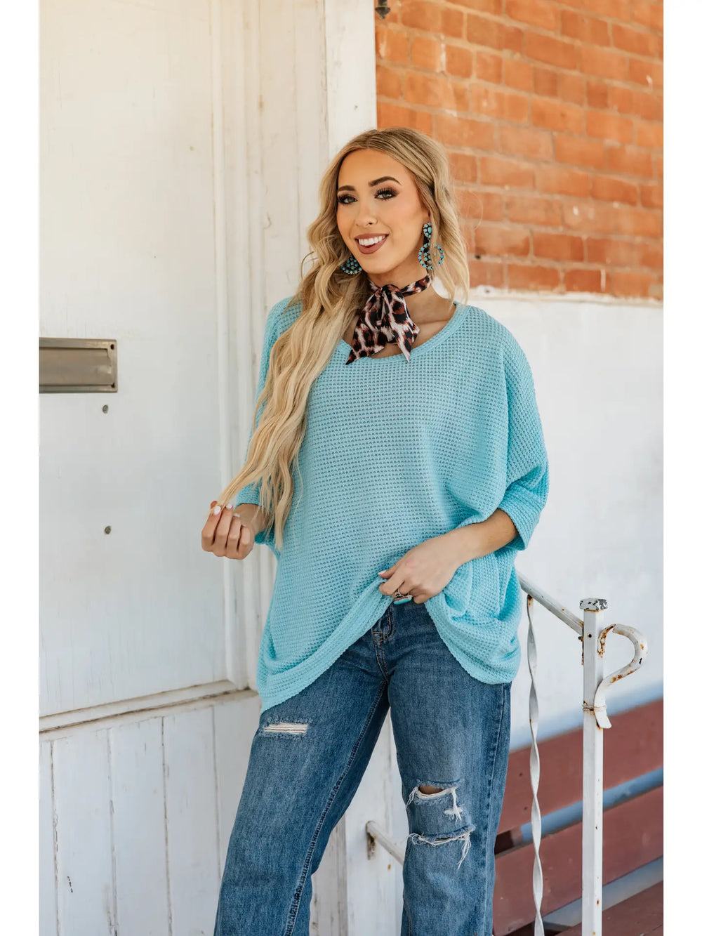 $10! Crochet Oversized Relaxed Fit Poncho Top-Aqua