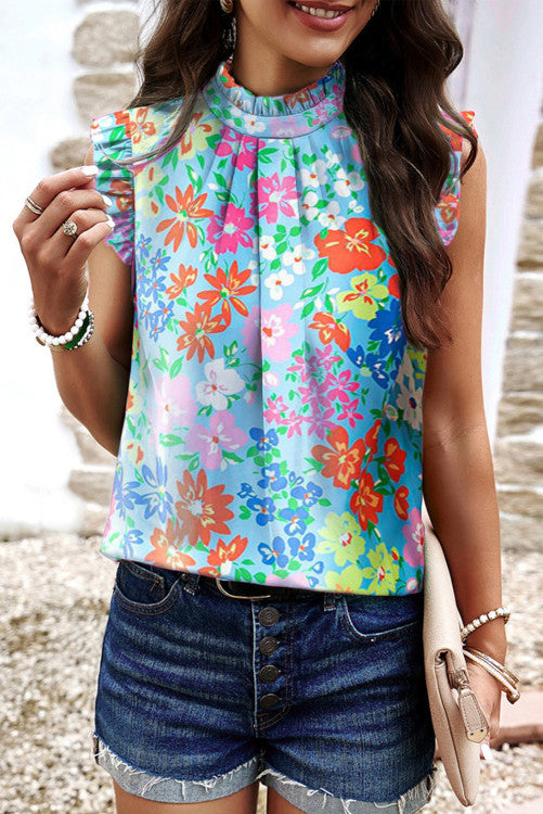 Sky Blue Frilled Collar Floral Top