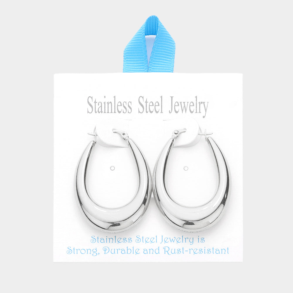 Stainless Steel Textured Oval Hoop Earrings