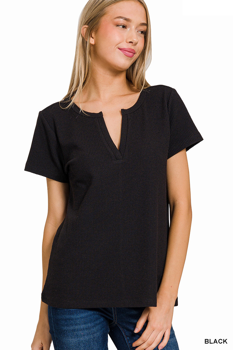 Melage Baby Waffle Henley Short Sleeve Top, Black