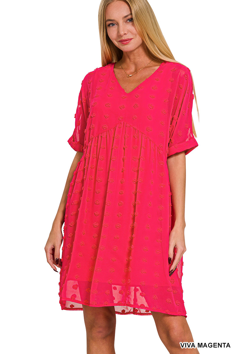 Swiss Dot Babydoll Dress in Viva Magenta