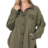 Fleece Shacket, Light Olive, Regular Size