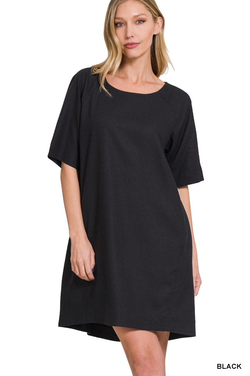 Linen Dress with Pockets, Black