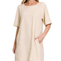 Linen Dress with Pockets, Sand Beige
