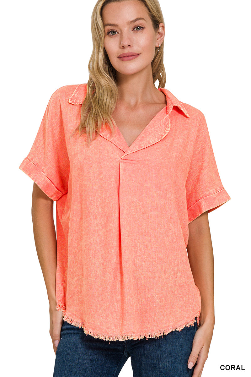 Washed Linen Raw Edge V-Neck, Coral