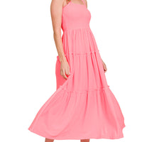 Smocked Tiered Midi Dress, Bright Pink