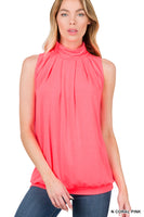 
              Sleeveless High Neck Top with Waistband, Neon Coral Pink
            
