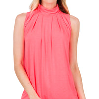 Sleeveless High Neck Top with Waistband, Neon Coral Pink