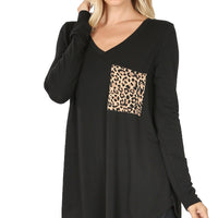 Long Sleeve V-Neck Top, Leopard Pocket, Black, Reg size