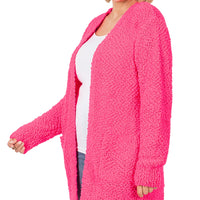 Popcorn Cardigan With Pockets, PLUS, Neon Coral Pink
