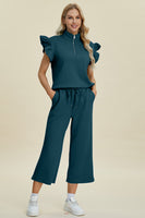 
              Double Take Full Size Texture Ruffle Short Sleeve Top and Wide Leg Pants Set
            