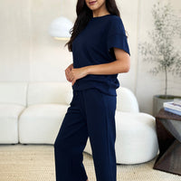 Double Take Full Size Texture Short Sleeve Top and Pants Set